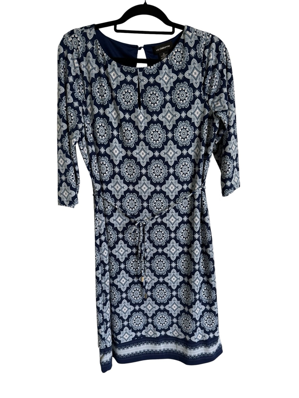 Liz Claiborne Navy and White Medallion Print Long Sleeve Dress